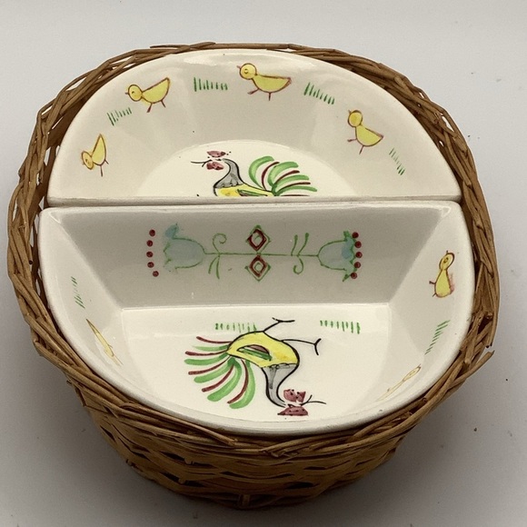Vintage Japan Rooster and Chick Split Dish in a Basket - Picture 2 of 7